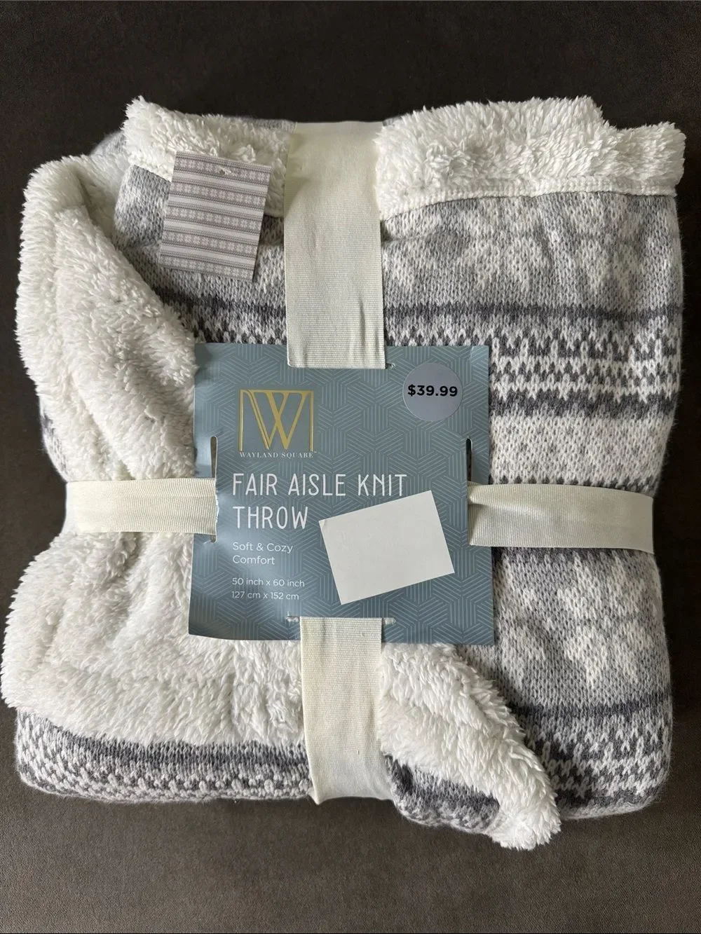 Wayland Square Fair Aisle Knit Throw Blanket Gray & White Faux Fur 50x60” NEW